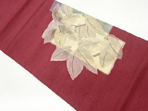 手織り紬すくい織短冊に葉・花模様織出し袋帯